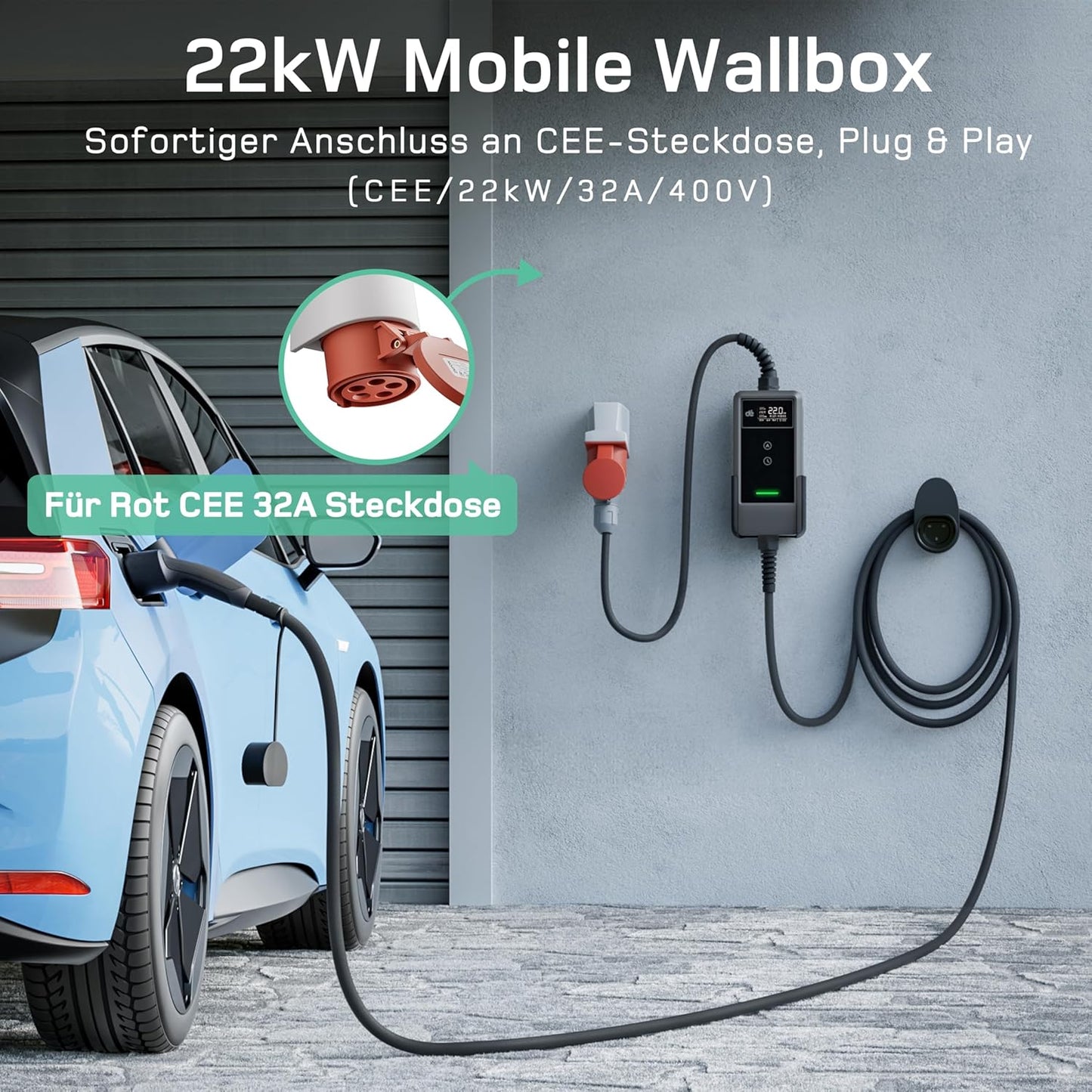 Wallbox Mobil DeAccessories  22kW /32A Trifazat și Aplicație Type 2