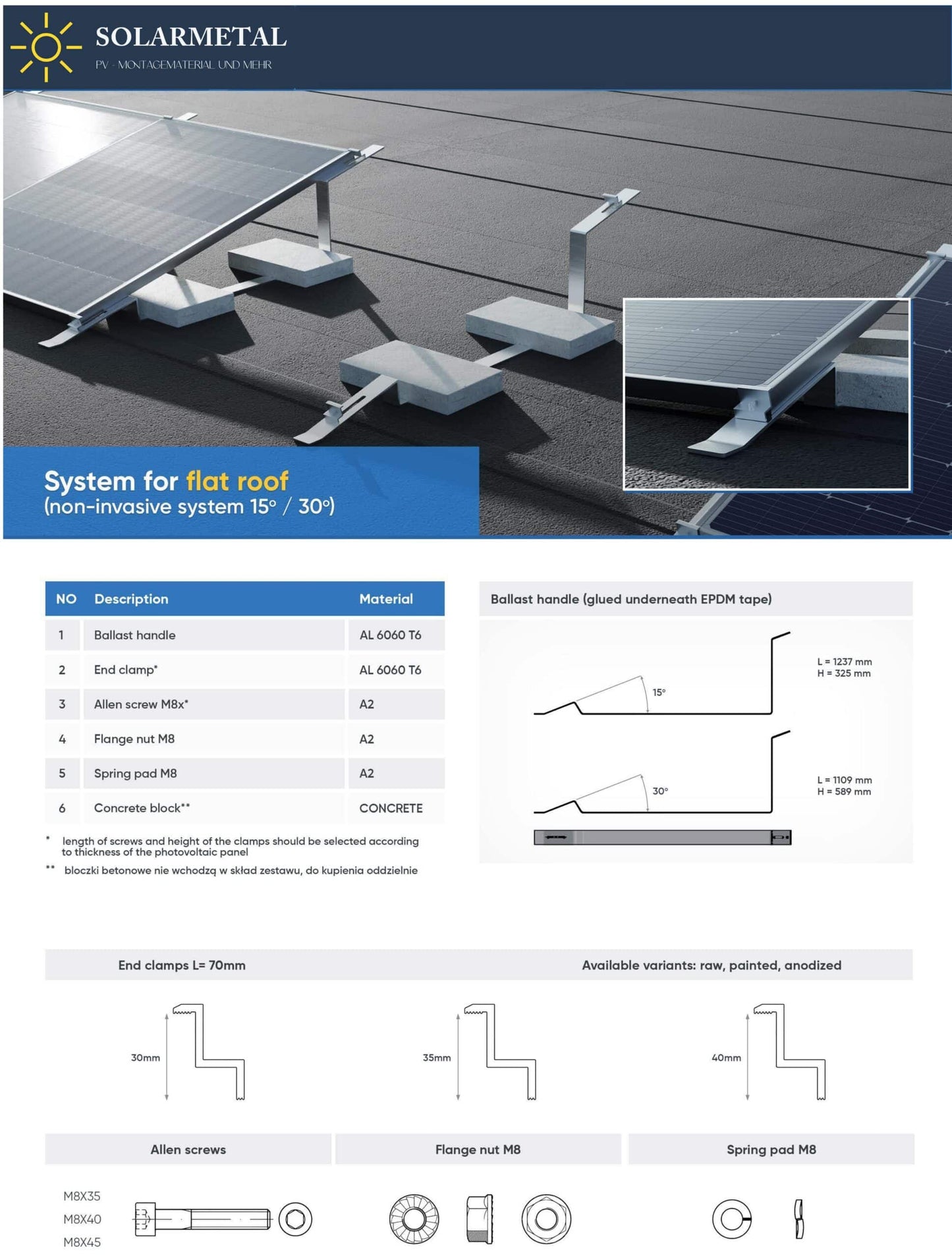 Sistem de montaj din aluminiu pentru acoperiș plat 15°/30 °